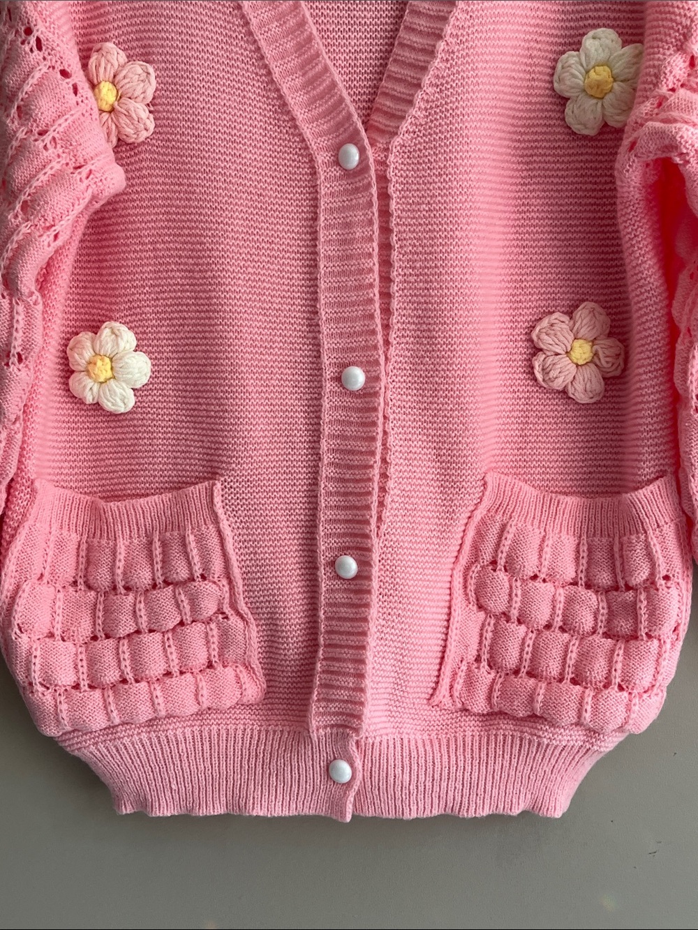 SHEIN 3D Floral Patch V Neck Button Down Cardigan Pink Sweater size 1X - Picture 2 of 14